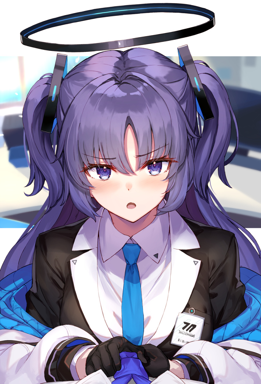 1girl adjusting_clothes adjusting_necktie bangs black_gloves blue_archive blue_eyes blue_hair blue_necktie blush collared_shirt commentary_request gloves halo highres id_card jacket long_hair looking_at_viewer mechanical_halo necktie ninoude_(ninoude44) open_mouth parted_bangs purple_hair shirt sidelocks solo_focus twintails two_side_up violet_eyes white_jacket white_shirt yuuka_(blue_archive)