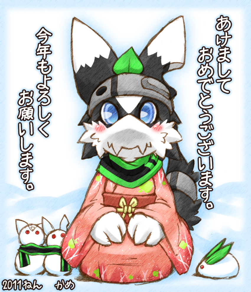 1other animal_ears animal_hands apple_print black_fur black_scarf blue_border blue_eyes blue_outline blush body_fur border character_request closed_mouth commentary_request dated dated_commentary fang full_body furry green_trim grey_headband handymonsters headband highres japanese_clothes kame_(3t) kimono leaf long_sleeves looking_at_viewer notched_ear obi other_focus outline pink_kimono sash scarf seiza simple_background sitting skin_fang snow_bunny snowman solo straight-on tail tail_ornament tail_ring two-tone_fur white_background white_fur wide_sleeves