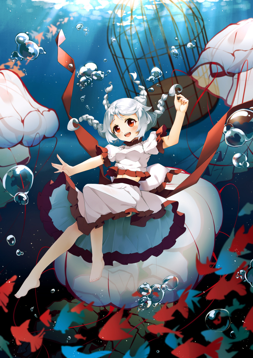 1girl :d \||/ absurdres barefoot birdcage blush braid bubble cage chinese_commentary commentary ebisu_eika fish floating_hair frilled_skirt frilled_sleeves frills full_body highres jellyfish long_hair looking_at_viewer open_mouth puffy_short_sleeves puffy_sleeves red_eyes red_ribbon ribbon shirt short_sleeves skirt smile solo teeth tongue touhou underwater upper_teeth_only white_hair white_shirt white_skirt yingzi_luren