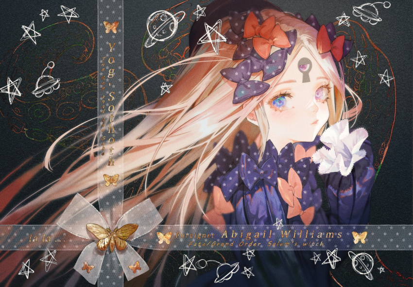 1girl abigail_williams_(fate) background_text bangs black_dress blonde_hair blue_eyes bow bug butterfly character_name commentary_request copyright_name dress fate/grand_order fate_(series) hair_bow heterochromia highres keyhole long_hair looking_at_viewer multicolored_eyes multiple_hair_bows orange_bow ota_(ota-0000) parted_bangs purple_bow sleeves_past_wrists solo third_eye upper_body very_long_hair violet_eyes