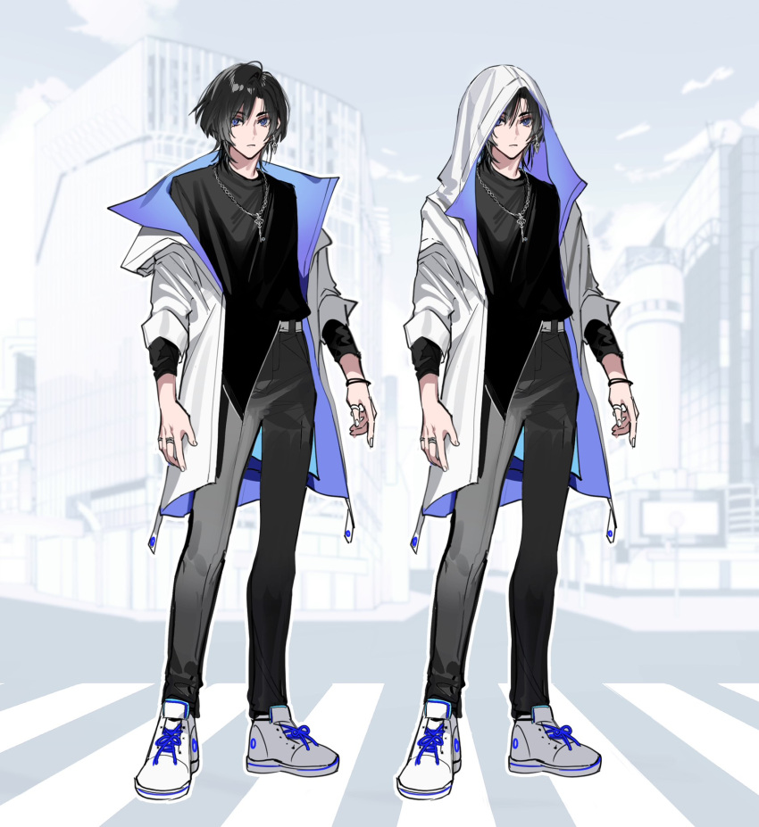 1boy belt black_hair black_pants black_shirt blue_eyes bracelet closed_mouth copyright_request earrings full_body grey_belt highres hood hoodie jewelry kanishiima long_sleeves looking_at_viewer male_focus multicolored_clothes nail_polish necklace official_art original pants reference_sheet ring second-party_source shirt shoes sleeves_rolled_up sneakers utaite_(singer) white_footwear white_hoodie