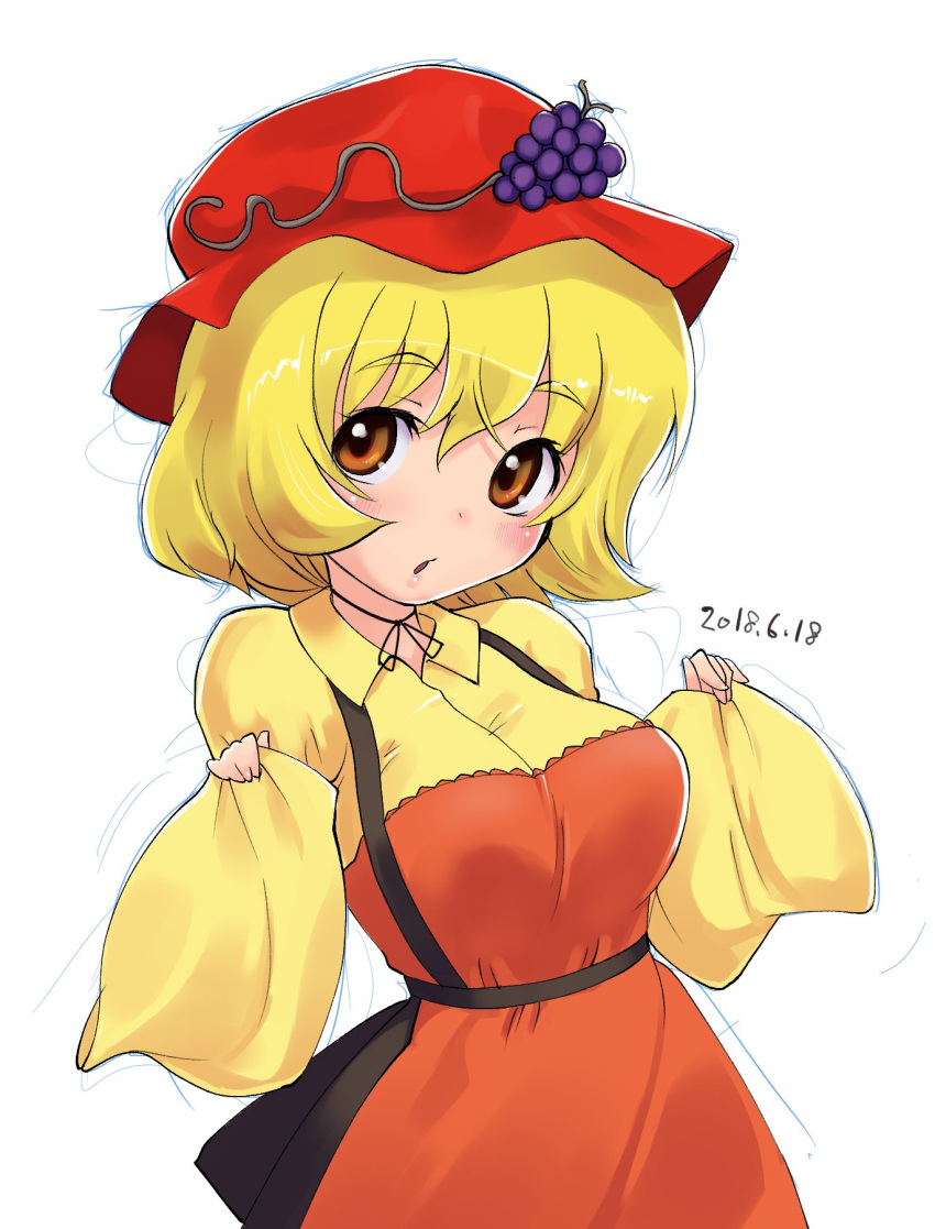 1girl :o aki_minoriko apron bangs black_skirt blonde_hair blush breasts collared_shirt commentary_request cowboy_shot dated grape_hat_ornament hair_between_eyes hat highres kei_jiei large_breasts looking_at_viewer mob_cap one-hour_drawing_challenge open_mouth orange_apron red_headwear shirt short_hair simple_background skirt solo touhou white_background wide_sleeves yellow_shirt