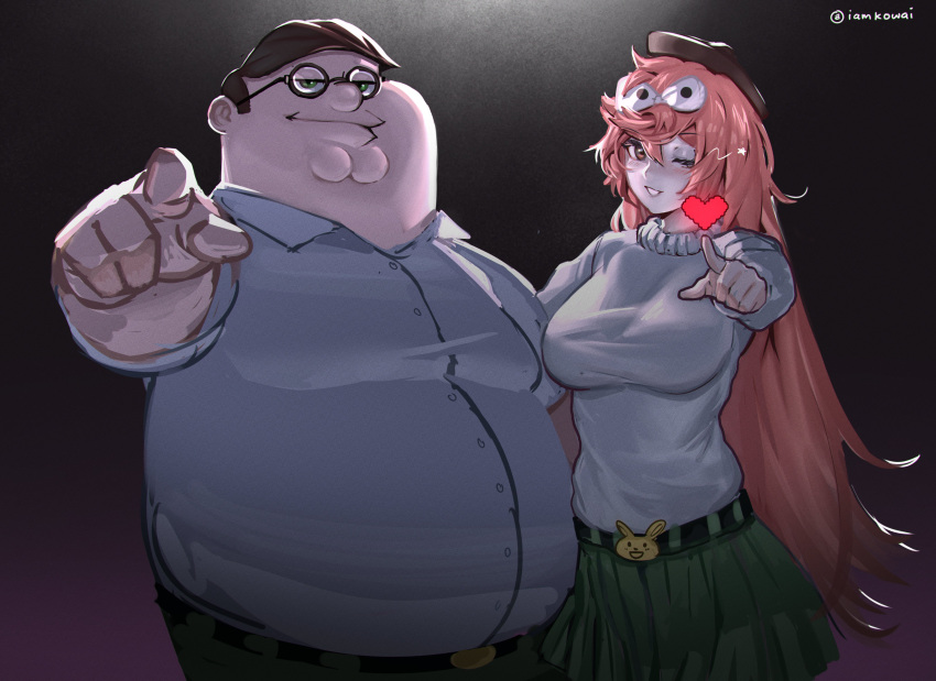 1boy 1girl absurdres ai-generated_art_(topic) belt bow brown_eyes brown_hair brown_headwear collared_shirt double_chin dual_persona english_commentary family_guy fat fat_man glasses green_eyes green_pants green_skirt hair_bow highres kowai_(iamkowai) long_hair looking_at_viewer one_eye_closed pants peter_griffin pink_hair pleated_skirt pointing pointing_at_viewer shirt skirt smile standing sweater white_bow white_shirt white_sweater