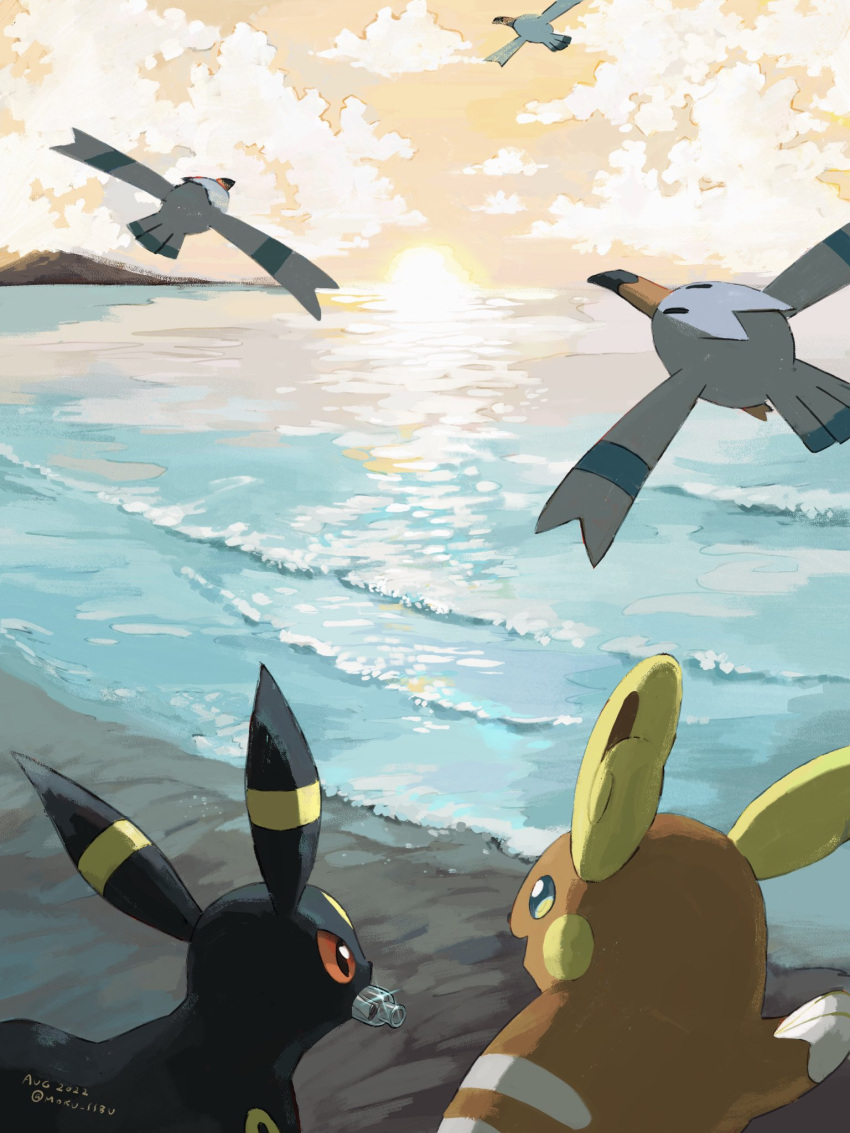 alolan_raichu bottle clouds commentary_request dated highres mokuzou_(moku_ssbu) mouth_hold no_humans outdoors pokemon pokemon_(creature) shore sky sparkle twitter_username umbreon water wingull