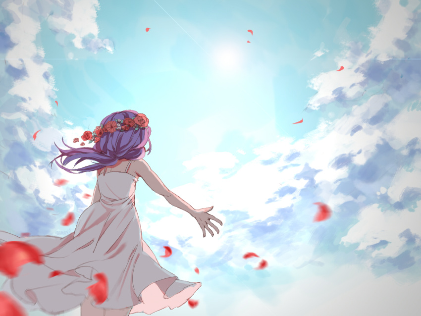 1girl bare_shoulders blue_sky dress facing_away flower haika_nagi head_wreath highres jellymog lens_flare long_hair motion_blur outstretched_arms petals purple_hair red_flower red_rose rose rose_petals sky solo spaghetti_strap sun utau white_dress