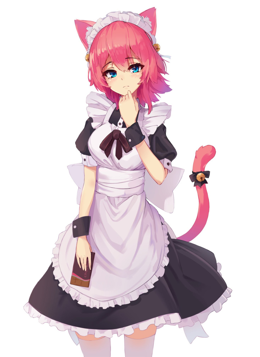 1girl animal_ear_fluff animal_ears apron bangs bell black_bow black_bowtie black_dress bow bowtie breasts cat_ears cat_tail character_request copyright_request cowboy_shot dethmaid dress hair_bell hair_ornament hand_up highres holding large_breasts maid maid_headdress medium_hair pink_hair solo tail thigh-highs white_apron white_thighhighs zettai_ryouiki