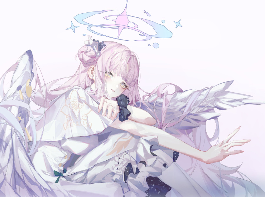 1girl angel_wings bangs black_scrunchie blue_archive breasts clothes_writing dress flower hair_bun hair_flower hair_ornament halo hand_on_own_arm highres long_dress long_hair looking_at_viewer medium_breasts mika_(blue_archive) outstretched_arm parted_lips pink_background pink_hair scrunchie sitting solo suimin_(sui_0y0) white_dress white_wings wings wrist_scrunchie yellow_eyes