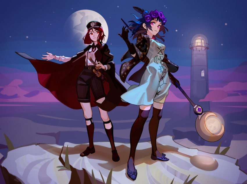 2girls bangs black_cape black_gloves black_thighhighs cape chain copyright_request dethmaid dress feather_hair_ornament feathers frown full_body gloves grey_dress hair_between_eyes hair_ornament highres kneehighs long_hair long_sleeves moon multiple_girls night outdoors pants pink_eyes purple_hair red_cape red_eyes redhead sheath sheathed shirt shoes short_hair socks standing suspenders sword thigh-highs tower weapon white_shirt