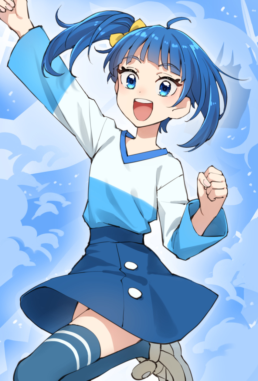 1girl :d ahoge arm_up bangs blue_eyes blue_hair blue_skirt blue_theme bow brown_footwear commentary_request hair_bow highres hirogaru_sky!_precure long_sleeves looking_at_viewer outstretched_arm precure shirt shoes side_ponytail skirt smile solo somechime_(sometime1209) sora_harewataru teeth upper_teeth_only white_shirt yellow_bow