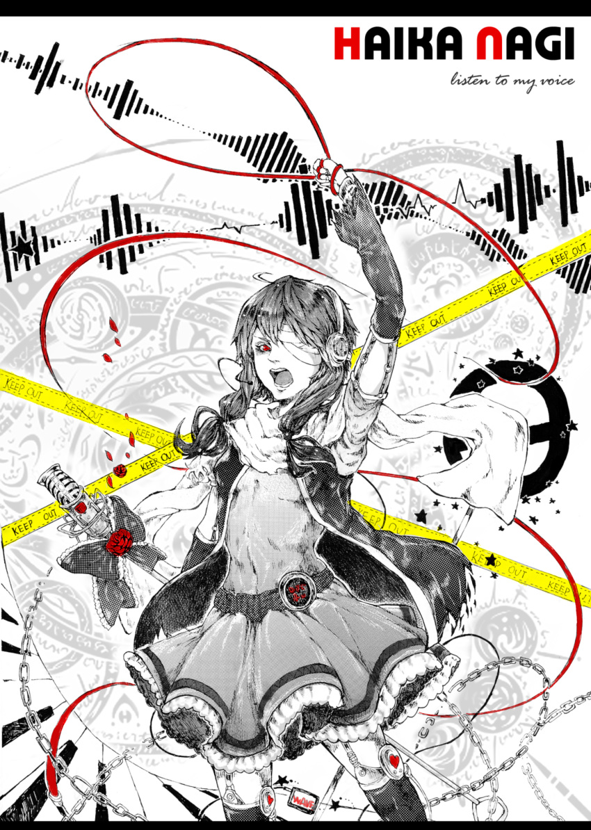 1girl arm_garter arm_up bandage_over_one_eye bow broken broken_chain caution_tape chain character_name covered_navel detached_sleeves dress english_text eyelashes flower garter_straps haika_nagi headset highres holding holding_microphone_stand holding_string kneehighs legwear_garter long_hair microphone_stand nemo_(ani1995) one_eye_covered open_mouth petals red_eyes red_flower red_rose rose rose_petals scarf socks solo spot_color string teeth torn_clothes torn_sleeves torn_vest utau vest