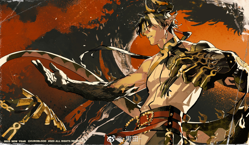1boy absurdres arknights artist_name chinese_commentary chong_yue_(arknights) dragon dragon_boy dragon_horns dragon_tail ear_piercing from_side highres horns kuroblood long_hair looking_to_the_side male_focus multicolored_hair new_year piercing pointy_ears ponytail red_eyes shirt tail toned toned_male white_shirt