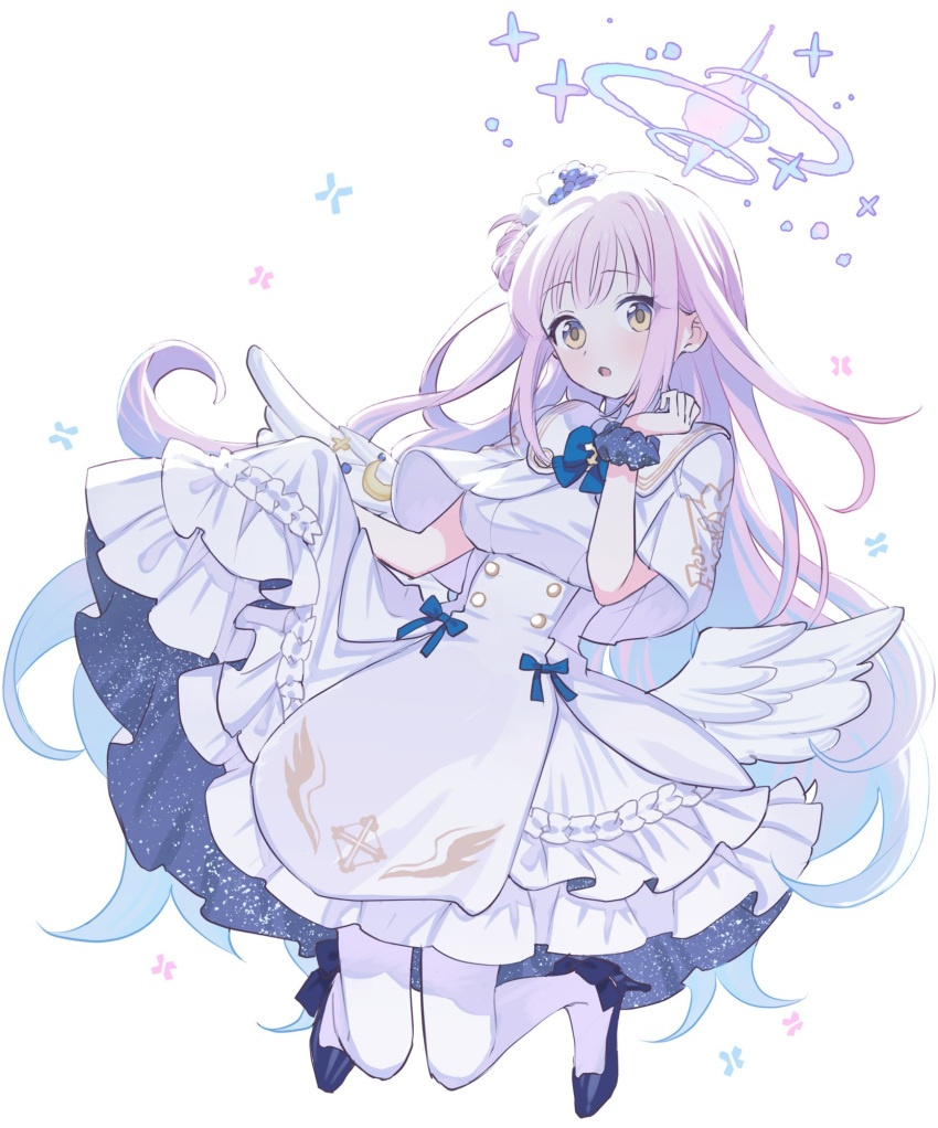 1girl :o black_footwear blue_archive blue_bow blue_bowtie blush bow bowtie breasts capelet dress flower frilled_dress frills full_body gradient_hair hair_bun hair_flower hair_ornament hair_scrunchie halo highres long_hair looking_at_viewer low_wings medium_breasts mika_(blue_archive) multicolored_hair nichaku pantyhose pink_hair scrunchie simple_background single_side_bun solo white_background white_capelet white_dress white_pantyhose white_wings wings wrist_scrunchie yellow_eyes