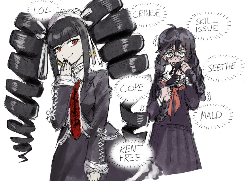 2girls absurdres asymmetrical_bangs bangs black_hair black_jacket black_nails black_skirt blouse blue_eyes blunt_bangs braid celestia_ludenberg clenched_teeth collared_shirt commentary cowboy_shot danganronpa:_trigger_happy_havoc danganronpa_(series) drill_hair earrings english_commentary english_text fukawa_touko glasses gold_earrings gothic gothic_lolita hand_in_own_hair highres holding holding_hair jacket jewelry lace lace-trimmed_skirt lace_trim layered_skirt lolita_fashion long_skirt long_sleeves looking_at_another low_twin_braids maid_headdress multiple_girls nail_polish neck_ribbon neckerchief necktie nervous pleated_skirt purple_shirt purple_skirt red_eyes red_neckerchief red_necktie ribbon ribbon-trimmed_sleeves ribbon_trim ring round_eyewear sailor sailor_collar school_uniform serafuku shirt sidelocks sideways_glance simple_background skirt smile sphere_earrings sweat sweating_profusely swept_bangs teeth thought_bubble twin_braids twin_drills twintails white_background white_shirt woogleboy