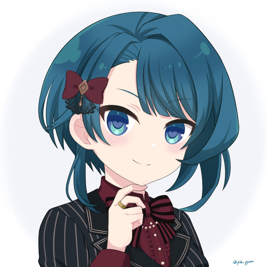 1girl aizawa_kazuha assault_lily bangs black_jacket blue_eyes blue_hair blunt_bangs bow bowtie buttons center_frills closed_mouth collared_shirt commentary_request finger_to_own_chin frilled_shirt frills gradient_background grey_background hair_bow hand_up highres jacket jewelry light_blush long_sleeves looking_at_viewer medium_hair necklace official_alternate_costume pearl_necklace piatin portrait red_bow red_bowtie red_shirt ring shirt smile solo striped striped_bow striped_bowtie striped_jacket twitter_username vertical-striped_jacket vertical_stripes white_background