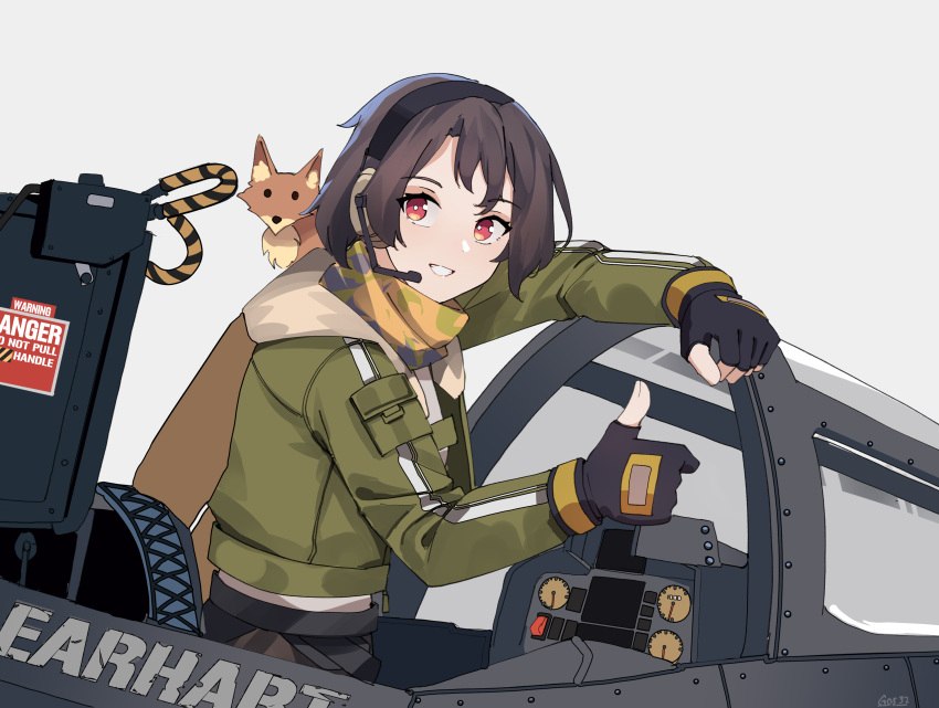 1girl absurdres aircraft airplane artist_name black_gloves bomber_jacket brown_hair cockpit earhart_(girls'_frontline_nc) english_text fingerless_gloves fox gar32 girls'_frontline_neural_cloud girls_frontline gloves green_jacket headset highres jacket red_eyes short_hair smile solo thumbs_up top_gun white_background