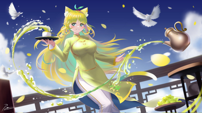 1girl animal_ears bird blonde_hair cat_ears cat_girl commentary_request cup dove falling_petals floating highres hitatsuphat kisaki_tencha midair nijigen_project petals table tail tea teacup teapot vietnamese_clothes vietnamese_commentary vietnamese_dress