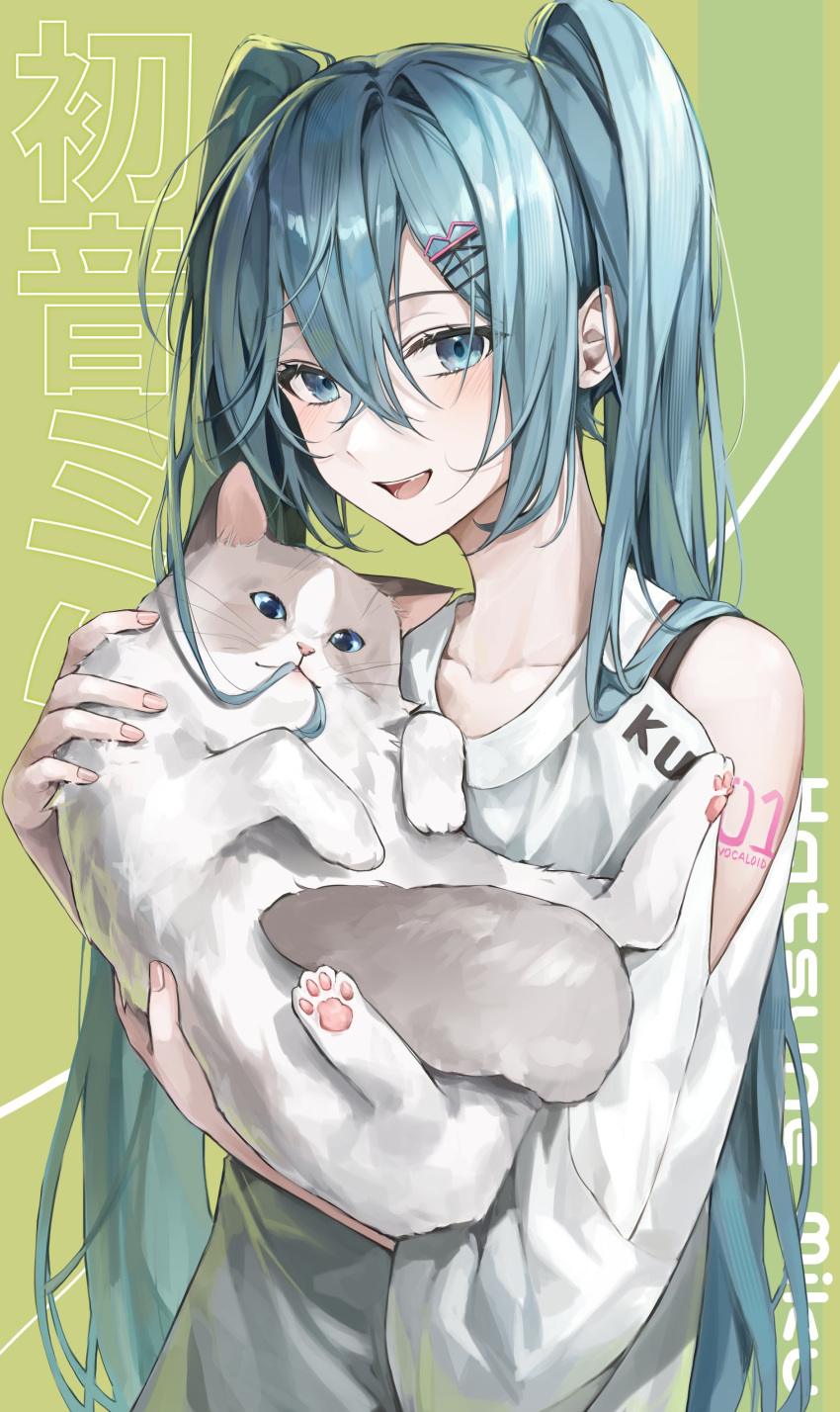 1girl absurdres animal animal_ears arm_tattoo bangs bare_shoulders blue_eyes blue_hair blush cat cat_ears cat_tail character_name closed_mouth collarbone commentary ekina_(1217) fang fingernails green_background grey_fur hair_between_eyes hair_ornament hairpin hands_up hatsune_miku highres holding holding_animal long_fingernails long_hair long_sleeves looking_at_viewer nail_polish number_tattoo off-shoulder_shirt off_shoulder open_mouth pink_nails shirt sidelocks simple_background smile standing tail tattoo teeth tongue twintails two-tone_fur vocaloid white_fur white_shirt wide_sleeves