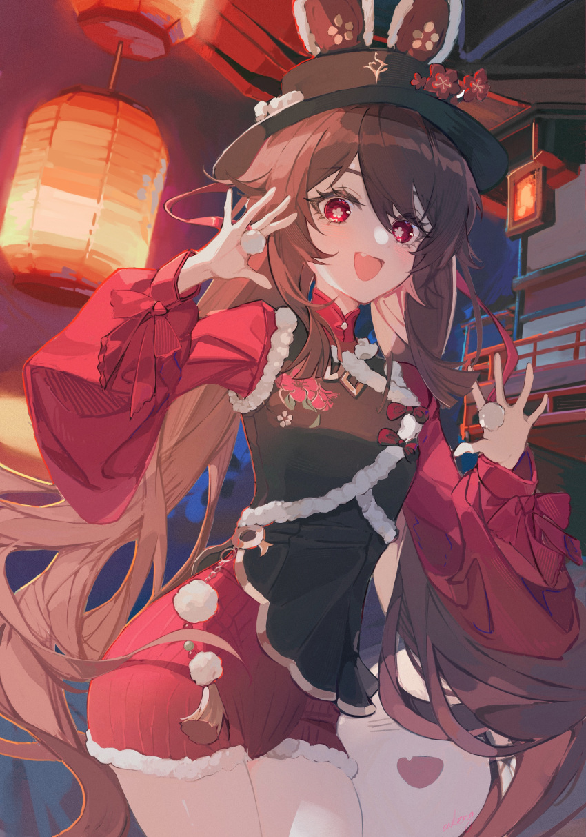 1girl :d absurdres alternate_costume animal_ears bangs black_headwear black_jacket boo_tao_(genshin_impact) brown_hair building chinese_clothes cowboy_shot fake_animal_ears fang flower flower-shaped_pupils fur-trimmed_jacket fur-trimmed_shorts fur_trim genshin_impact ghost hands_up hat hat_flower highres hu_tao_(genshin_impact) jacket lantern long_hair long_sleeves looking_at_viewer mandarin_collar open_mouth paper_lantern plum_blossoms pom_pom_(clothes) porkpie_hat puffy_long_sleeves puffy_sleeves rabbit_ears red_eyes red_shirt shirt short_shorts shorts sidelocks signature sleeveless sleeveless_jacket smile solo symbol-shaped_pupils tassel thighs twintails very_long_hair yutou_(yutou75)