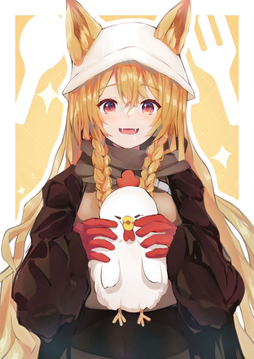 1girl :d animal animal_ear_fluff arknights bangs bird black_jacket braid brown_hair ceobe_(arknights) ceobe_(unfettered)_(arknights) chicken commentary_request commission drooling ears_through_headwear fangs gloves hair_between_eyes highres holding holding_animal jacket long_hair long_sleeves narushina official_alternate_costume red_eyes red_gloves saliva skeb_commission sleeves_past_wrists smile solo twin_braids very_long_hair white_headwear