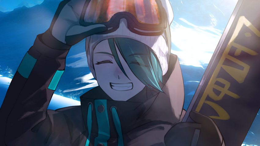 00kashian00 1girl alternate_costume arm_up beanie buttons closed_eyes commentary_request day facing_viewer gloves goggles grin hand_up hat high_collar highres jacket long_sleeves outdoors pokemon pokemon_(game) pokemon_sv rika_(pokemon) smile snowboard solo tassel teeth upper_body watermark white_headwear