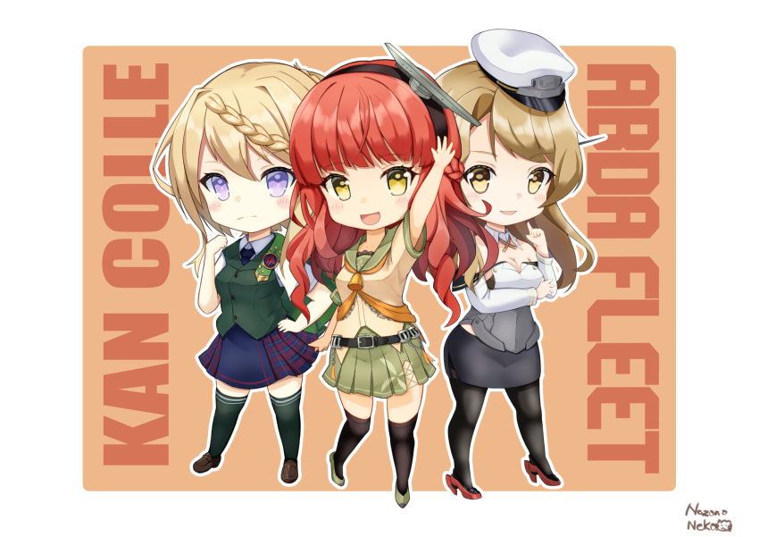 3girls aircraft_catapult badge bangs belt black_belt black_hairband black_pantyhose black_skirt black_thighhighs blonde_hair blue_necktie blue_skirt blunt_bangs braid braided_bangs braided_bun breasts brown_eyes brown_footwear chibi cloak copyright_name corset curly_hair de_ruyter_(kancolle) detached_sleeves dress_shirt full_body green_cloak green_eyes green_footwear green_sailor_collar green_serafuku green_skirt green_thighhighs green_vest hair_bun hairband hat headgear high_heels highres houston_(kancolle) kantai_collection large_breasts light_brown_hair loafers long_hair looking_at_viewer military military_uniform miniskirt multiple_girls naval_uniform nazono_neko neckerchief necktie orange_neckerchief pantyhose peaked_cap pencil_skirt perth_(kancolle) plaid plaid_skirt pleated_skirt redhead rudder_footwear sailor_collar sailor_shirt school_uniform serafuku shirt shoes short_sleeves side_braid skirt standing thigh-highs uniform vest violet_eyes waving_arm white_shirt