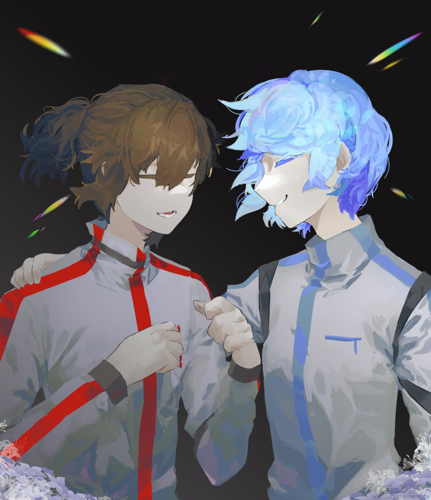 2boys black_background blue_hair brown_hair closed_eyes commentary english_commentary grey_shirt hand_on_another's_shoulder highres khun_aguero_agnis long_sleeves male_focus multiple_boys nanashiart open_mouth ponytail shirt short_hair simple_background smile tower_of_god twenty-fifth_bam upper_body