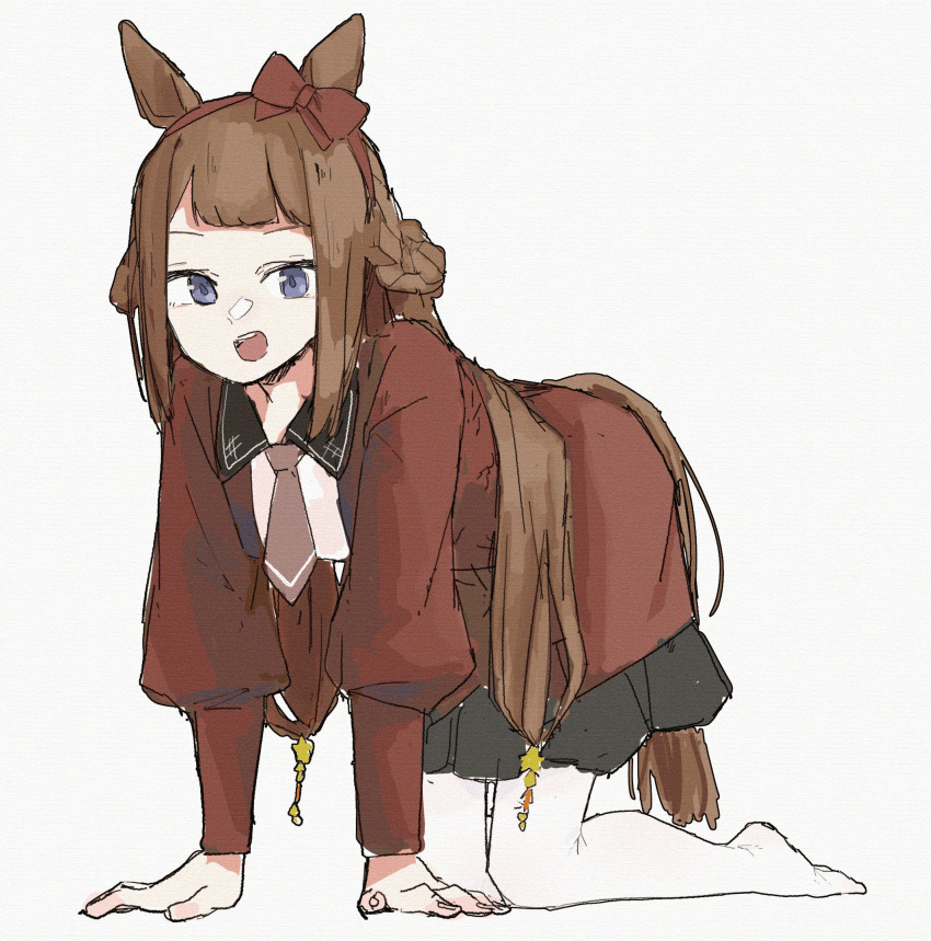 1girl all_fours animal_ears bare_shoulders blue_eyes brown_hair collared_dress dress grey_background hair_rings hairband highres horse_ears horse_girl horse_tail long_hair long_sleeves looking_at_viewer necktie no_shoes open_mouth pantyhose red_dress ryne_25 short_necktie simple_background smile solo sweep_tosho_(umamusume) tail umamusume white_pantyhose