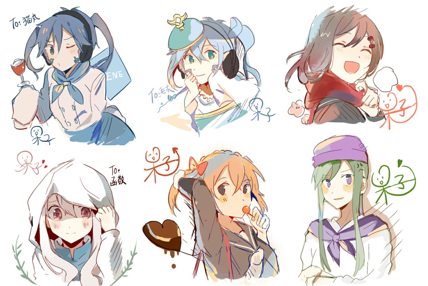 5girls ^_^ adjusting_hood alternate_costume aqua_eyes black_sailor_collar black_serafuku blue_dress blue_eyes blue_hair blue_neckerchief blue_skirt blunt_ends blush_stickers bow brown_eyes brown_hair buttons candy character_name chinese_commentary chinese_text chocolate closed_eyes closed_mouth collared_dress commentary cropped_torso cup double-breasted dress drinking_glass dual_persona ene_(kagerou_project) enpera facial_mark facing_viewer food from_side green_hair hair_between_eyes hair_bow hair_ornament hairclip hand_in_own_hair hand_up hat headgear headphones heart heart-shaped_chocolate holding holding_cup hood hood_up hoodie kagerou_project kido_tsubomi kisaragi_momo kozakura_marry long_sleeves looking_at_viewer mekakucity_actors multiple_girls neckerchief one_side_up open_mouth orange_hair otorigg pink_eyes purple_headwear purple_neckerchief red_bow red_scarf sailor_collar scarf school_uniform serafuku shirt sidelocks simple_background sketch skirt smile stick_figure tateyama_ayano twintails upper_body violet_eyes white_background white_hair white_hoodie white_neckerchief white_shirt wide_sleeves wine_glass