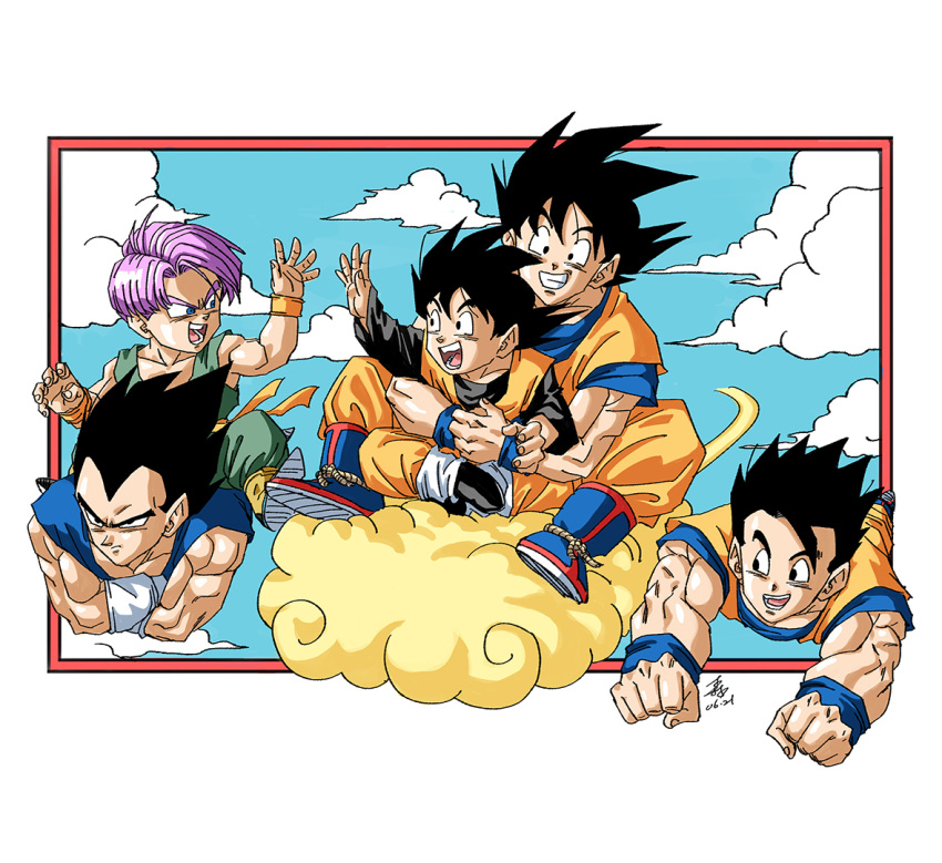 5boys black_eyes black_hair blue_eyes clenched_hands clouds commentary_request crossed_arms dougi dragon_ball dragon_ball_z father's_day father_and_son flying flying_nimbus forest_1988 frown grin hug hug_from_behind male_focus multiple_boys muscular muscular_male official_style open_mouth purple_hair riding smile son_gohan son_goku son_goten toriyama_akira_(style) trunks_(dragon_ball) vegeta wristband