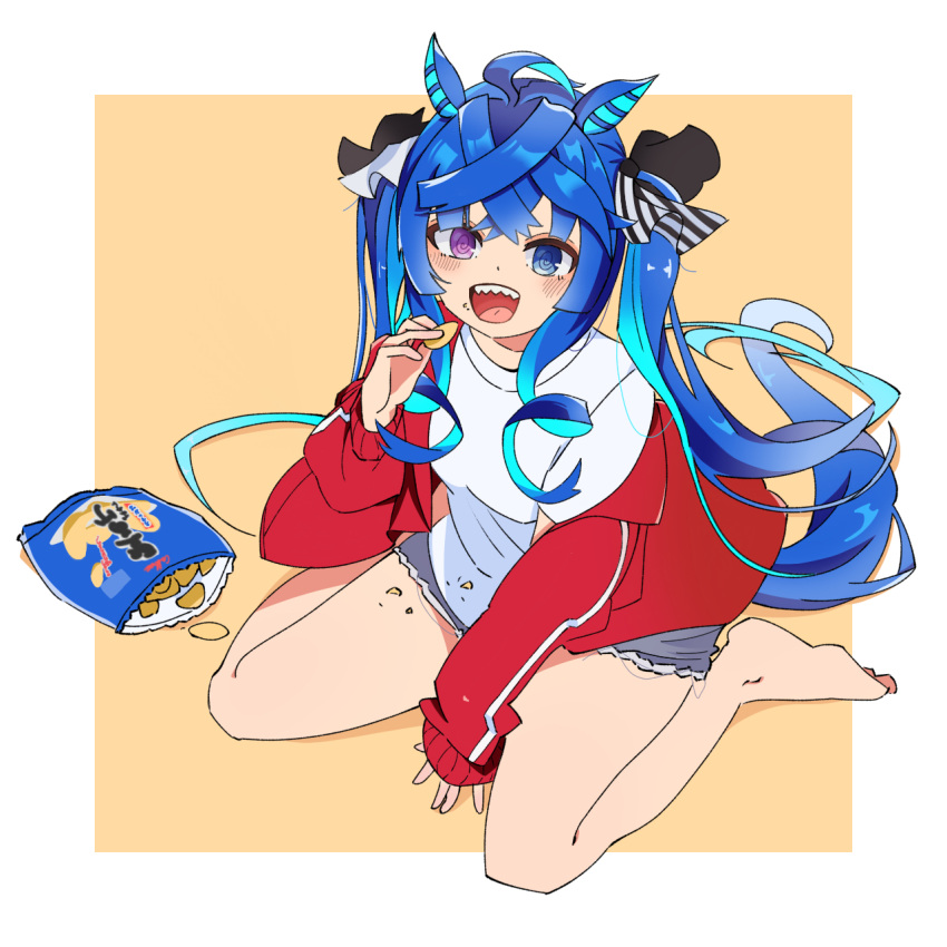 1girl :d @_@ animal_ears aqua_hair barefoot black_ribbon blue_eyes blue_hair casual chips_(food) commentary_request cutoffs eating food food_on_body food_on_face grey_shorts hair_ribbon heterochromia highres horse_ears horse_girl horse_tail jacket long_hair off_shoulder open_clothes open_jacket outside_border partial_commentary potato_chips red_jacket ribbon sharp_teeth shirt short_shorts short_sleeves shorts sitting sleeves_past_wrists smile solo sousuke_yuasa t-shirt tail teeth track_jacket twin_turbo_(umamusume) umamusume very_long_hair violet_eyes wariza white_shirt yellow_background