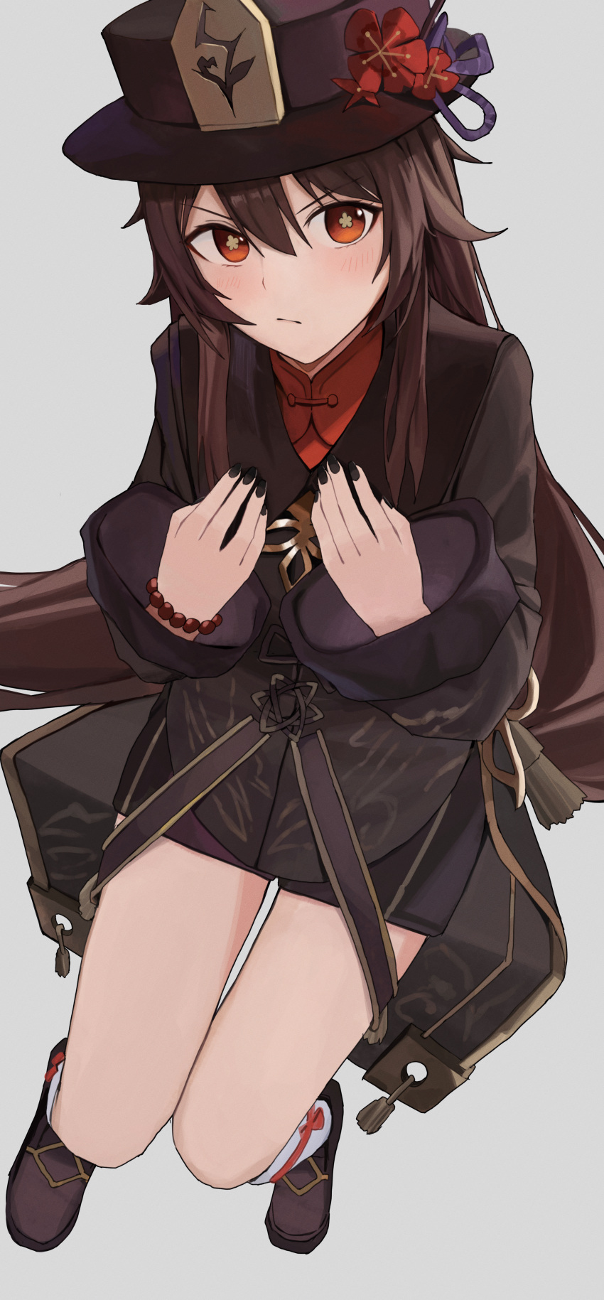 1girl absurdres bangs black_nails blush brown_coat brown_footwear brown_hair brown_headwear brown_shorts closed_mouth coat flower full_body genshin_impact gold_trim grey_background hair_over_shoulder highres hu_tao_(genshin_impact) loafers long_hair looking_at_viewer mandarin_collar red_eyes red_flower red_shirt shirt shoes shorts simple_background sitting socks solo star-shaped_pupils star_(symbol) symbol-shaped_pupils white_socks yunkkker