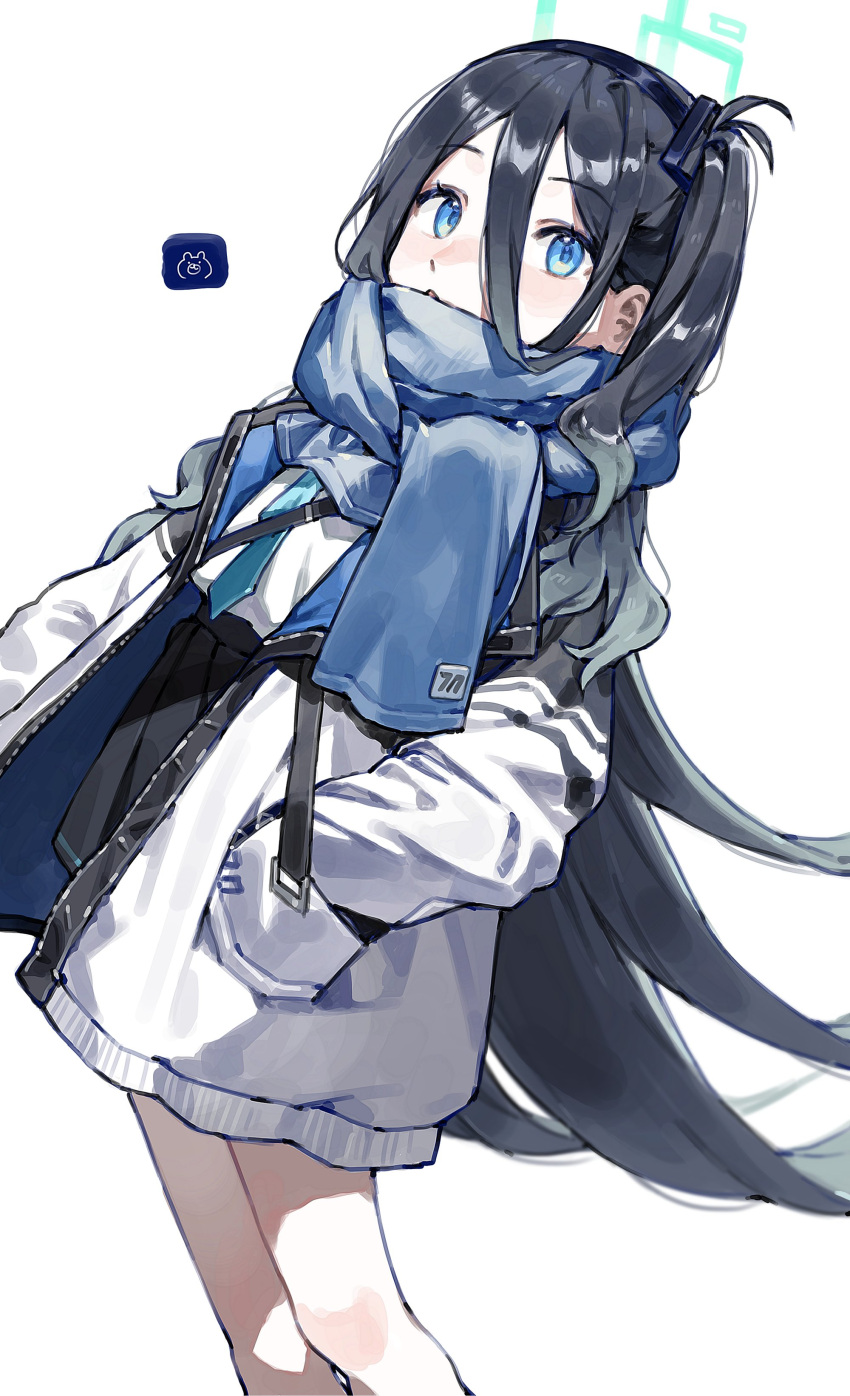 1girl absurdres aqua_necktie aris_(blue_archive) black_hair black_hairband black_skirt blue_archive blue_eyes blue_scarf coat hair_between_eyes hairband halo hands_in_pockets highres long_hair long_sleeves looking_at_viewer necktie one_side_up parted_lips pleated_skirt scarf shirt shirt_tucked_in simple_background skirt solo useq1067 very_long_hair white_background white_shirt
