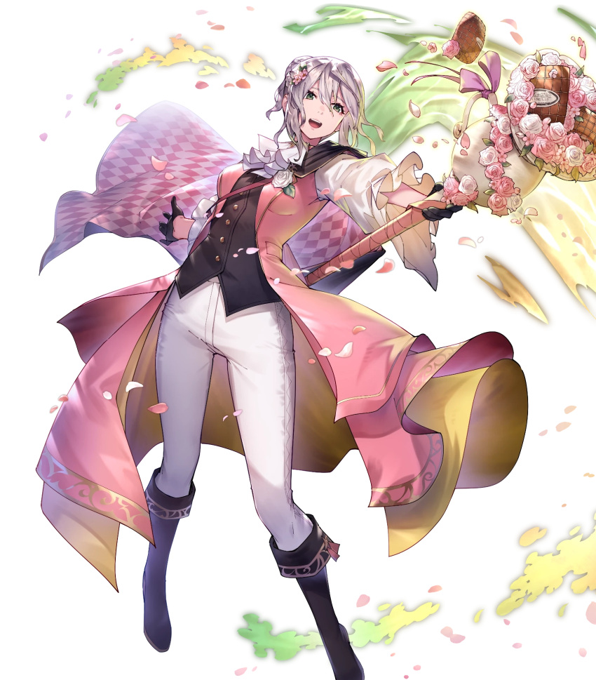 1girl ascot boots breasts buttons capelet checkered_clothes coat detached_sleeves effie_(fire_emblem) effie_(valentine)_(fire_emblem) essual_(layer_world) fire_emblem fire_emblem_fates fire_emblem_heroes flower full_body gloves gold_trim green_eyes hair_ornament highres holding knee_boots long_hair long_sleeves looking_away medium_breasts non-web_source official_art open_clothes open_mouth pants pink_coat smile solo transparent_background white_hair white_pants