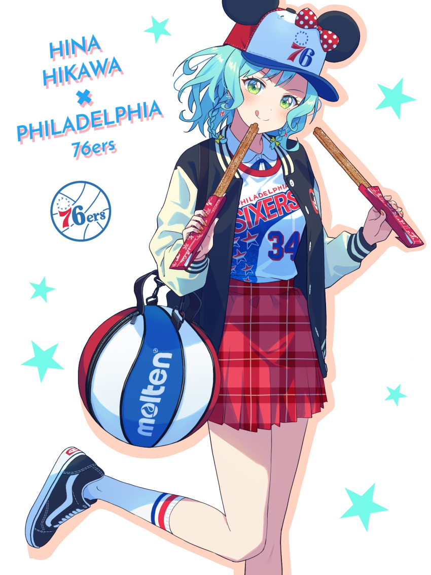 1girl bang_dream! basketball basketball_jersey black_jacket bow character_name churro collared_shirt copyright_name food green_eyes hat hat_bow head_tilt highres hikawa_hina holding holding_food jacket letterman_jacket licking_lips logo looking_at_viewer medium_hair minnie_mouse_ears molten_(company) national_basketball_association philadelphia_76ers plaid plaid_skirt polka_dot polka_dot_bow red_bow red_skirt shirt shoes skirt smile sneakers socks solo star_(symbol) tongue tongue_out v-shaped_eyebrows vans white_background white_shirt white_socks yazawa_happyaro