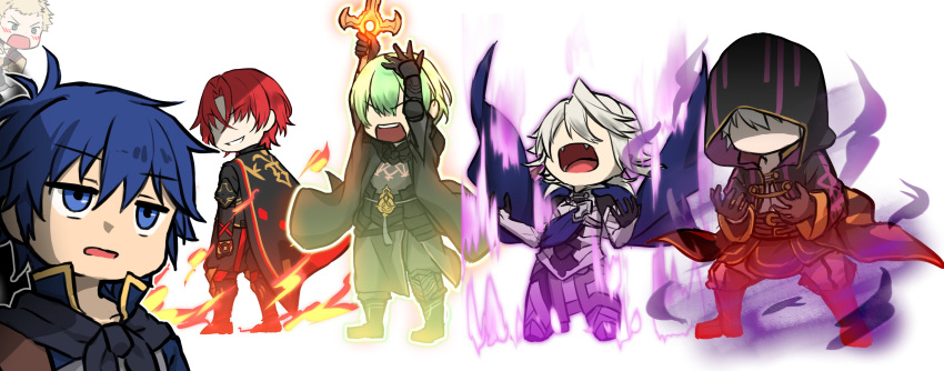 6+boys absurdres alear_(fire_emblem) alear_(male)_(fire_emblem) aura blonde_hair blue_eyes blue_hair byleth_(fire_emblem) byleth_(male)_(fire_emblem) cape commentary corrin_(fire_emblem) corrin_(male)_(fire_emblem) dark_aura evil_grin evil_smile faceless faceless_male fangs fire fire_emblem fire_emblem:_new_mystery_of_the_emblem fire_emblem:_three_houses fire_emblem_awakening fire_emblem_engage fire_emblem_fates green_hair grey_hair grima_(fire_emblem) grin highres hood kris_(male)_(fire_emblem) multiple_boys official_alternate_hair_color open_mouth owain_(fire_emblem) redhead robin_(fire_emblem) robin_(male)_(fire_emblem) smile sword sword_of_the_creator weapon zuzu_(ywpd8853)