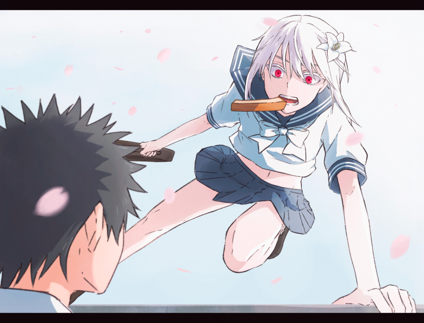 1boy 1girl a_certain_high_school_uniform accelerator_(toaru_majutsu_no_index) albino black_border black_hair blue_sailor_collar blue_skirt border briefcase cherry_blossoms colored_eyelashes commentary_request falling_petals flower food food_in_mouth genderswap genderswap_(mtf) hair_flower hair_ornament highres holding holding_briefcase jumping kamijou_touma leg_up legs lily_(flower) looking_at_another miniskirt mouth_hold navel neckerchief open_mouth outstretched_arms pale_skin petals pixie_cut pleated_skirt r_l_bear red_eyes sailor_collar school_uniform serafuku shirt shoes sidelocks skirt sky_background spiky_hair summer_uniform surprised suzushina_yuriko toaru_majutsu_no_index toast toast_in_mouth white_hair white_neckerchief white_shirt