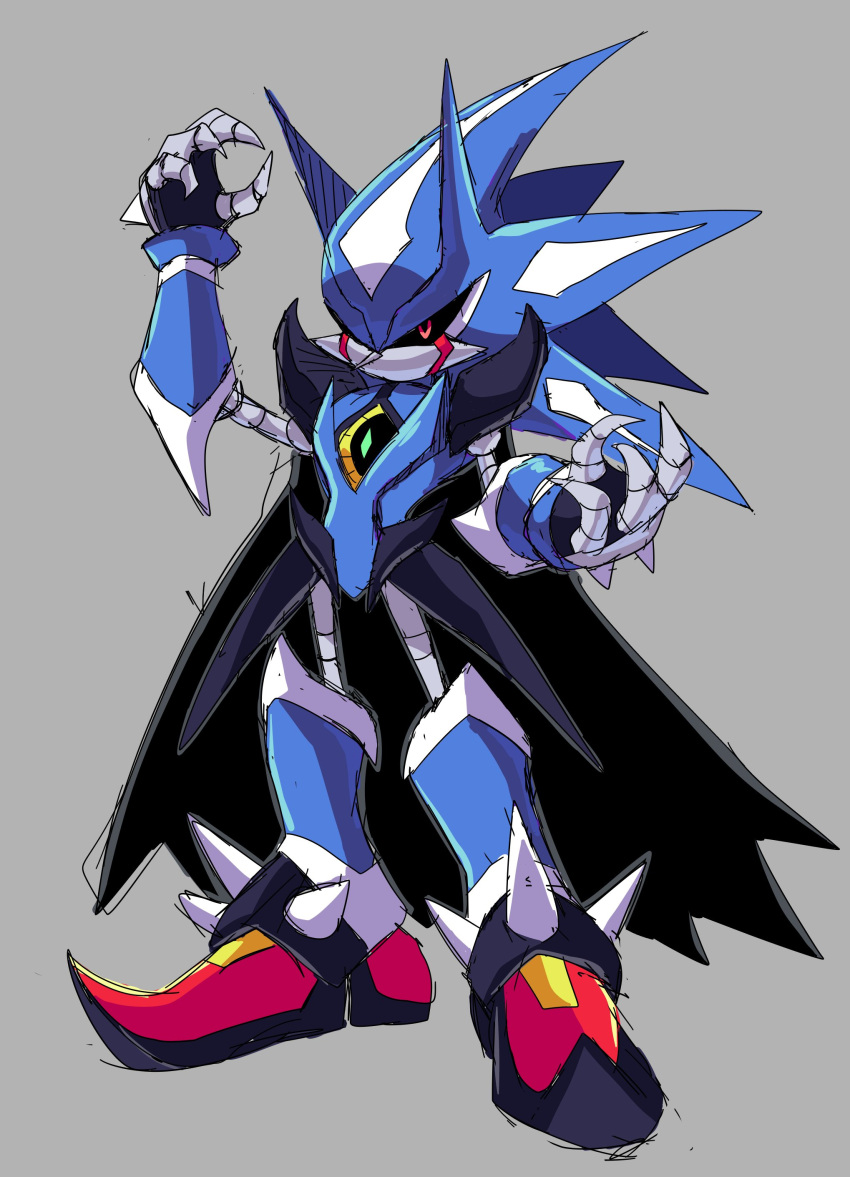 1boy absurdres arm_up black_cape black_sclera cape claws colored_sclera commentary cyberlord1109 english_commentary full_body furry furry_male grey_background highres metal_sonic neo_metal_sonic no_humans no_mouth non-humanoid_robot open_hands red_eyes robot simple_background sketch solo sonic_(series) sonic_heroes spikes standing