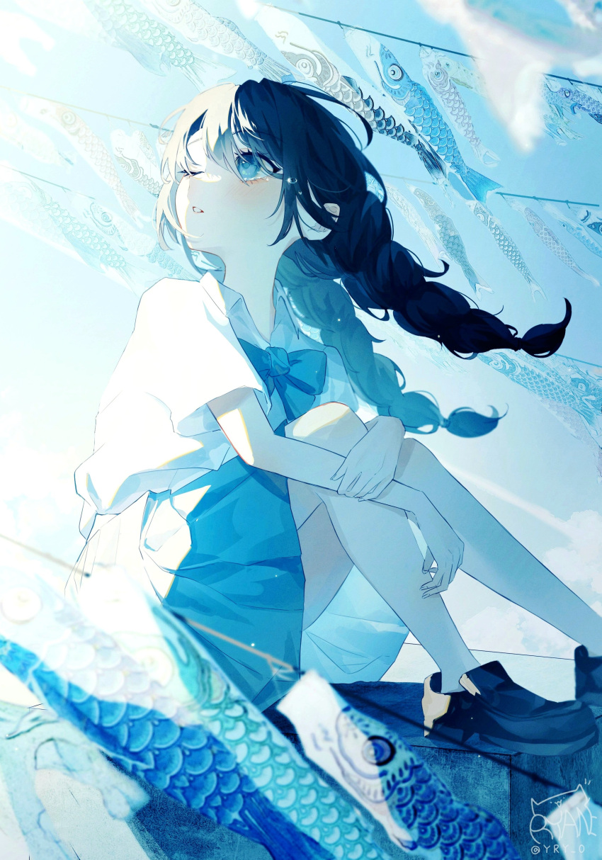 1girl absurdres bangs black_hair blue_bow blue_bowtie blue_eyes blue_skirt blue_theme bow bowtie braid collared_shirt day hand_on_own_arm highres knees_together_feet_apart loafers long_hair looking_up one_eye_closed original outdoors paper_hat paper_kabuto parted_lips ryane_(yry_0) school_uniform shirt shoes short_sleeves sitting skirt solo teardrop twin_braids white_shirt