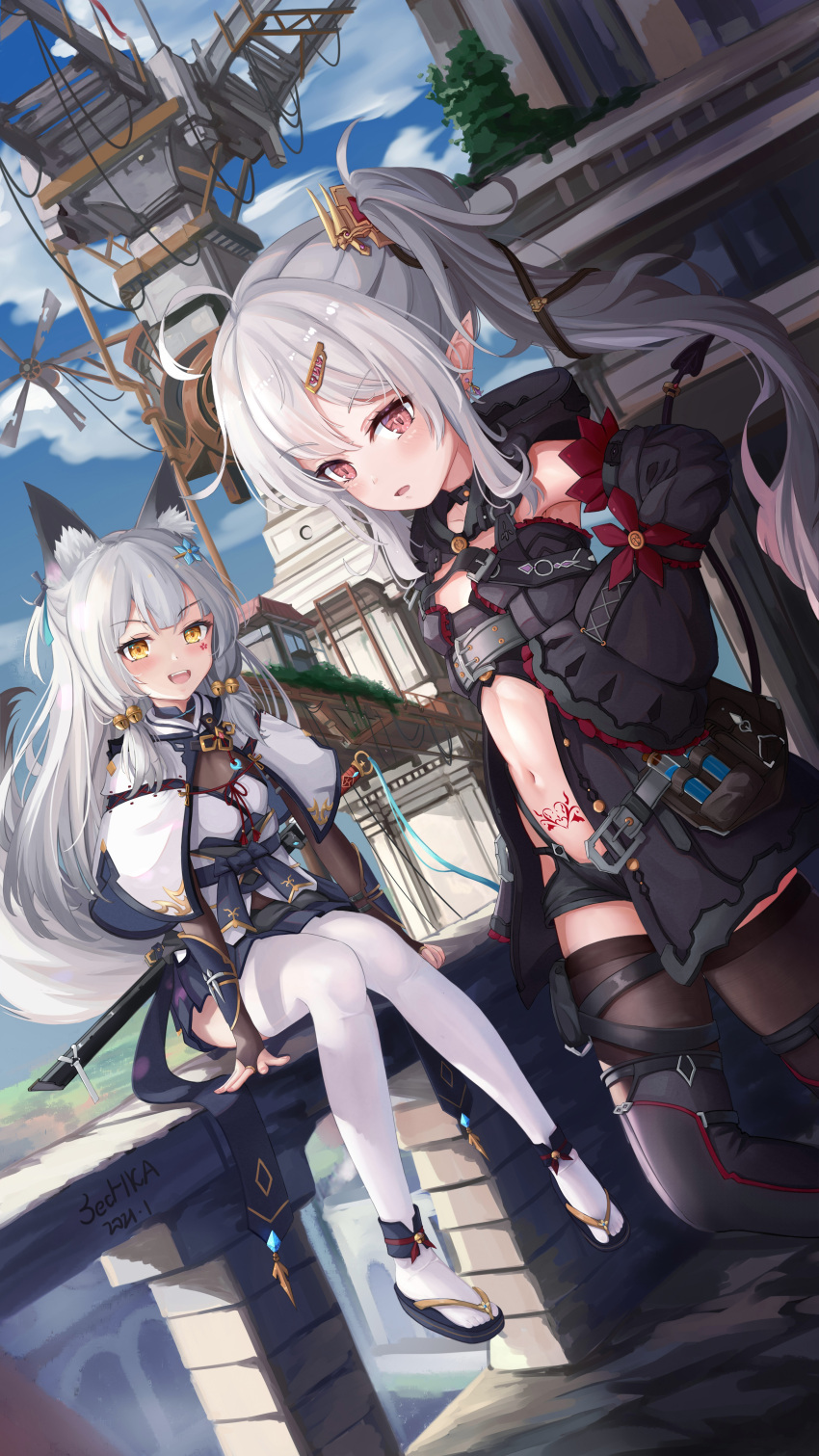 2girls absurdres animal_ears architecture bell black_coat black_thighhighs clouds coat demon_girl demon_tail esza_(sechka) fox_ears fox_girl fox_tail handrail highres multiple_girls original pointy_ears pubic_tattoo red_eyes sechka sitting sky stomach sword tail tattoo thigh-highs weapon white_hair white_thighhighs yellow_eyes