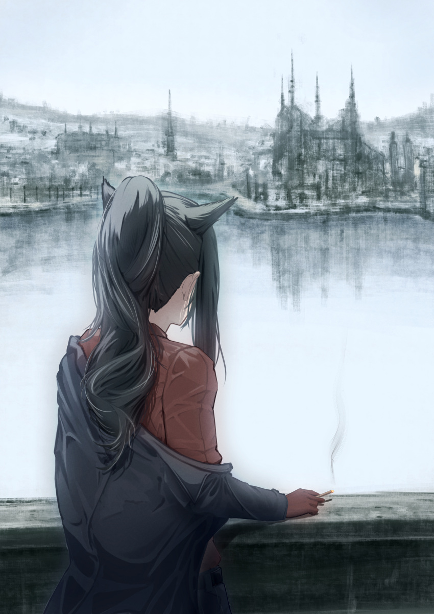 1girl absurdres animal_ears arknights black_hair black_jacket cigarette city extra_ears from_behind frpr3284 gloves highres holding holding_cigarette jacket lake long_hair long_sleeves off_shoulder open_clothes open_jacket ponytail red_gloves scenery smoke solo texas_(arknights) upper_body wolf_ears