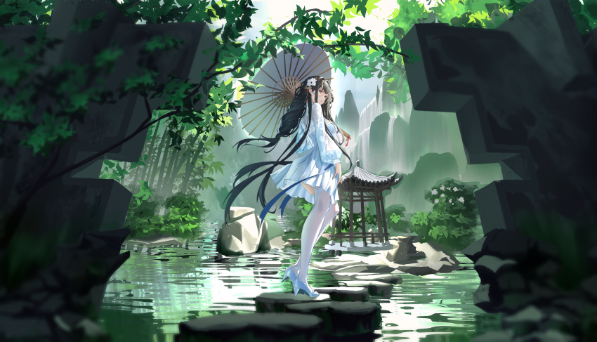 1girl architecture azur_lane bamboo bamboo_forest bangs black_hair blue_ribbon blunt_bangs braid breasts chinese_clothes clothing_cutout dress east_asian_architecture flower forest full_body hair_behind_ear hair_flower hair_ornament hair_rings hanfu high_heels highres holding holding_umbrella jiu_dao_fan_yin legs long_hair long_sleeves looking_back looped_braids mountain nature official_alternate_costume oil-paper_umbrella parasol puffy_long_sleeves puffy_sleeves red_eyes ribbon scenery see-through see-through_legwear see-through_sleeves shoes short_dress skindentation sky smile solo thigh-highs toes umbrella very_long_hair water waterfall white_dress white_flower white_thighhighs yat_sen_(azur_lane) yat_sen_(paragon_of_celestial_grace)_(azur_lane)
