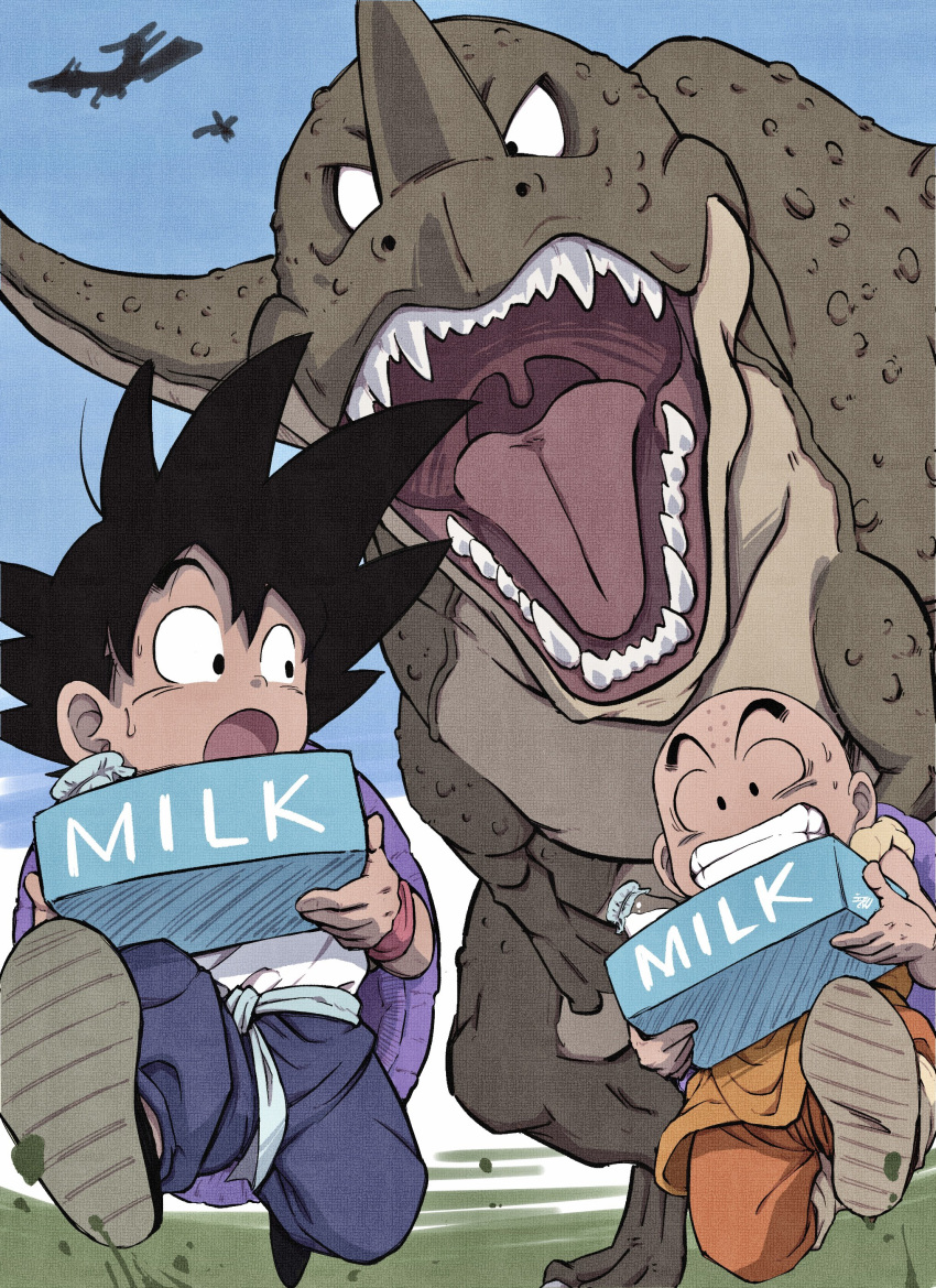 2boys absurdres bald black_eyes black_hair bottle clenched_teeth commentary_request dinosaur dragon_ball dragon_ball_(classic) facial_mark forehead_mark highres kuririn liedein male_focus milk_bottle multiple_boys open_mouth running son_goku sweat teeth turtle_shell