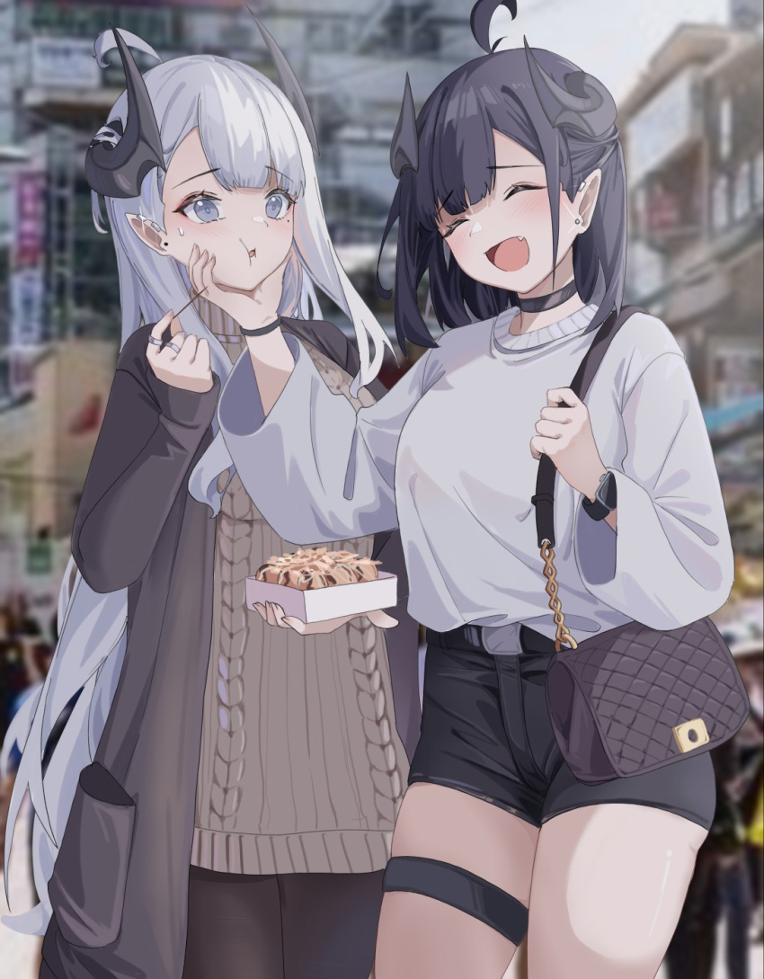 2girls ahoge bag bangs black_choker black_hair black_pantyhose black_shorts blurry blush breasts building cake_walker choker closed_eyes commentary_request cowboy_shot depth_of_field earrings fang food grabbing_another's_chin grey_eyes grey_hair hand_on_another's_chin highres holding holding_food horns jacket jewelry long_hair long_sleeves looking_at_another medium_breasts medium_hair mole mole_under_eye multiple_girls multiple_rings open_clothes open_jacket open_mouth original outdoors pantyhose pointy_ears ribbed_sweater ring shirt shirt_tucked_in short_shorts shorts shoulder_bag sleeves_past_wrists smile standing streetwear stud_earrings sweatdrop sweater thigh_strap thighs turtleneck turtleneck_sweater very_long_hair watch watch white_shirt