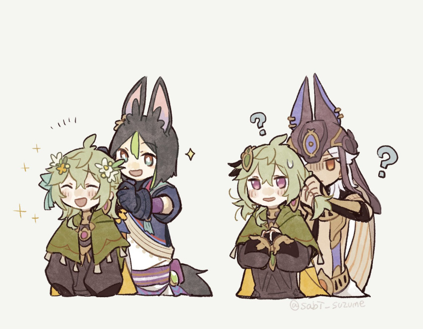 1girl 2boys ? ^_^ animal_ears bangs black_dress black_gloves black_shirt blush brown_eyes closed_eyes collei_(genshin_impact) confused cyno_(genshin_impact) dress fox_boy fox_ears fox_tail genshin_impact gloves green_eyes grey_background helmet holding_another's_hair multicolored_eyes multiple_boys open_mouth sabi_suzume shaded_face shirt shrug_(clothing) smile tail tighnari_(genshin_impact) twitter_username violet_eyes