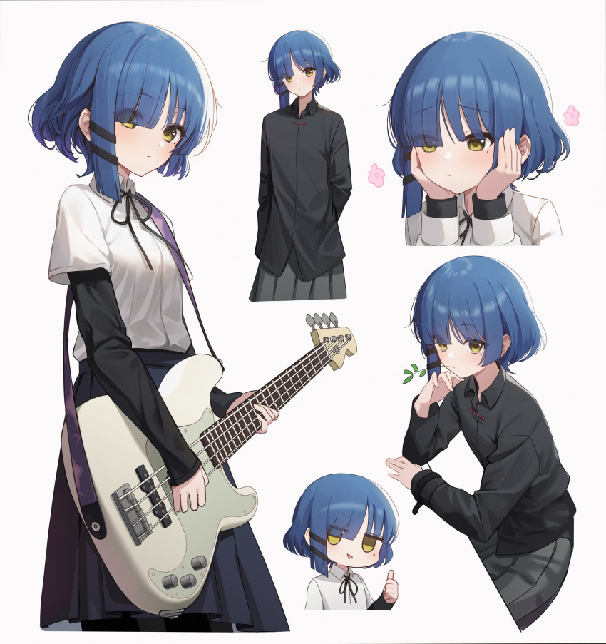 1girl absurdres arm_behind_back bangs bass_guitar black_bow black_bowtie black_pantyhose black_shirt blue_hair blue_skirt blush bocchi_the_rock! bow bowtie breasts closed_mouth collared_shirt commentary_request eyes_visible_through_hair fender_precision_bass flower grey_background grey_skirt guitar hair_between_eyes hair_ornament hair_over_one_eye hairclip hand_on_own_face hand_up hands_on_own_face hands_up highres holding holding_instrument instrument long_sleeves looking_at_viewer looking_to_the_side lunia medium_breasts mole mole_under_eye open_mouth pantyhose pink_flower pleated_skirt shirt short_hair short_sleeves simple_background sitting skirt smile solo standing table v white_shirt wing_collar yamada_ryou yellow_eyes