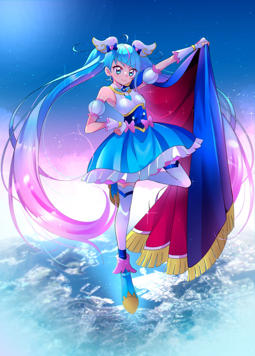 1girl absurdres ahoge blue_eyes blue_hair blue_skirt brooch cape commentary cure_sky detached_sleeves earrings english_commentary fingerless_gloves full_body gloves gradient_hair highres hirogaru_sky!_precure holding holding_cape holding_clothes jewelry magical_girl mitsuki_tayura multicolored_hair pink_eyes precure puffy_detached_sleeves puffy_sleeves single_sidelock skirt smile solo sora_harewataru thigh-highs two-sided_cape two-sided_fabric white_gloves white_thighhighs wing_brooch wing_hair_ornament