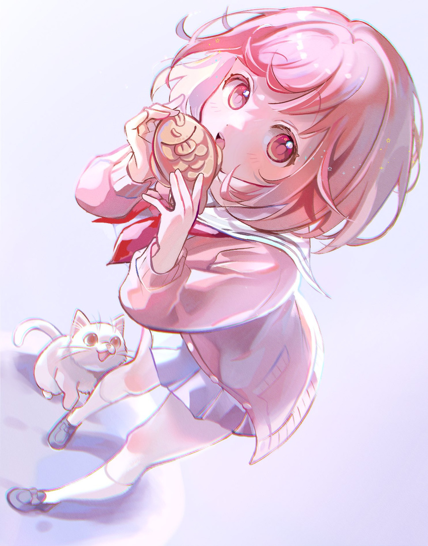 1girl :o bangs cat commentary food foreshortening grey_skirt highres holding holding_food kneehighs long_sleeves miyamasuzaka_girls'_academy_school_uniform momomo_(m0_3) neckerchief ootori_emu open_mouth perspective pink_eyes pink_hair pocket project_sekai red_neckerchief sailor_collar school_uniform short_hair skirt socks solo taiyaki teeth upper_teeth_only wagashi white_socks