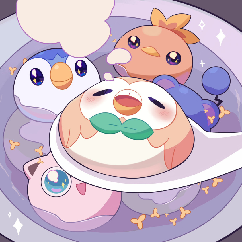 :d blush bowl chinese_commentary chinese_spoon closed_eyes commentary_request gatcha8169 highres jigglypuff liquid marill no_humans open_mouth piplup pokemon pokemon_(creature) rowlet smile sparkle sparkling_eyes torchic