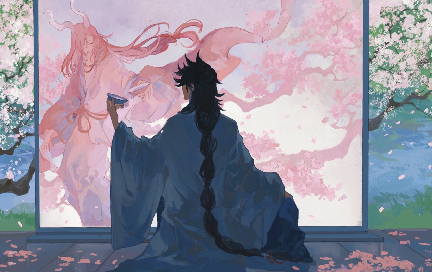 2boys absurdres alcohol black_hair braid braided_ponytail branch cherry_blossoms closed_eyes coat cup day facing_another floating_clothes floating_hair from_behind hair_over_one_eye highres holding holding_cup horns ichimoku_ren_(onmyoji) indoors japanese_clothes kimono long_hair long_sleeves male_focus multiple_boys on_floor one_eye_covered onmyoji outstretched_arm painting_(object) petals pink_hair pink_kimono revealing_layer single_braid sitting susabi_(onmyoji) through_screen toast_(gesture) very_long_hair white_coat wide_sleeves wind ye_(ran_chiiipye)