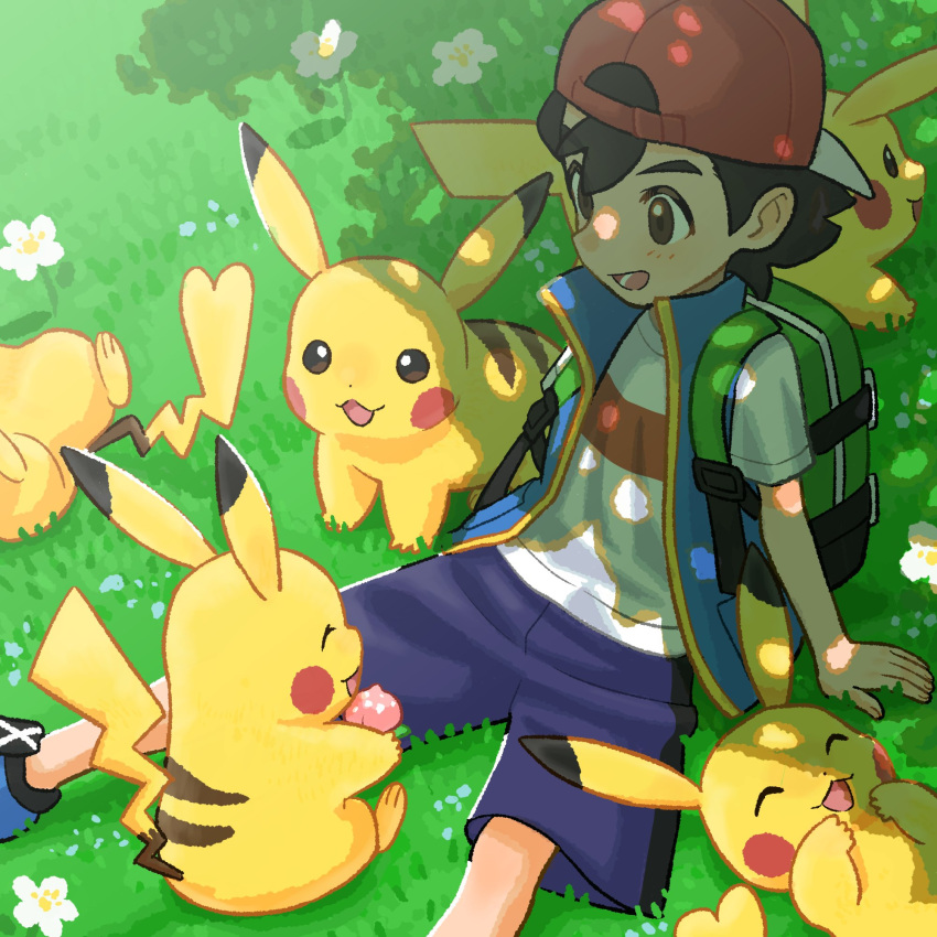 1boy :d arm_support ash_ketchum backpack backwards_hat bag bangs baseball_cap black_hair blue_footwear blue_jacket blush brown_eyes commentary_request day flower grass green_bag hat highres jacket lower_teeth_only male_focus minato_(mntnm) open_mouth outdoors pikachu pokemon pokemon_(anime) pokemon_(creature) pokemon_journeys red_headwear shirt shoes short_hair short_sleeves shorts sitting sleeveless sleeveless_jacket smile t-shirt teeth white_flower